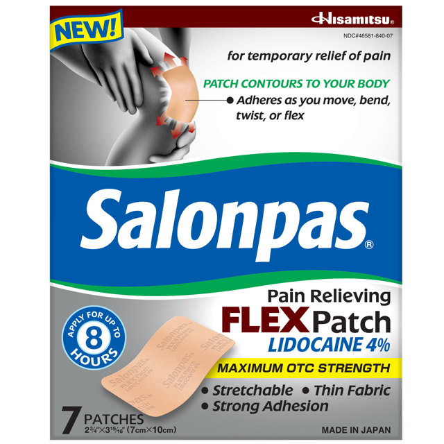 Salonpas Lidocaine 4% Pain Relief FLEX Patch, Unscented, Stays in Place, 7 Patches