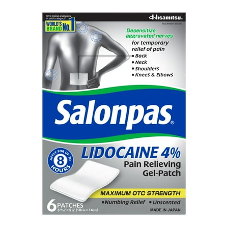 Salonpas Lidocaine Pain Relieving Gel-Patch with Maximum Strength Lidocaine, 6 Count