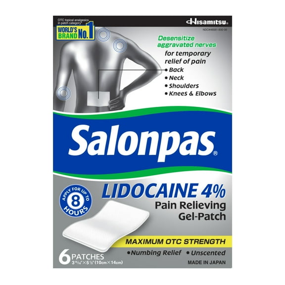 Salonpas Lidocaine Pain Relieving Gel-Patch with Maximum Strength Lidocaine, 6 Count