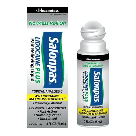 Salonpas Maximum Strength Lidocaine 4% Pain Relief Roll-On, 3 oz