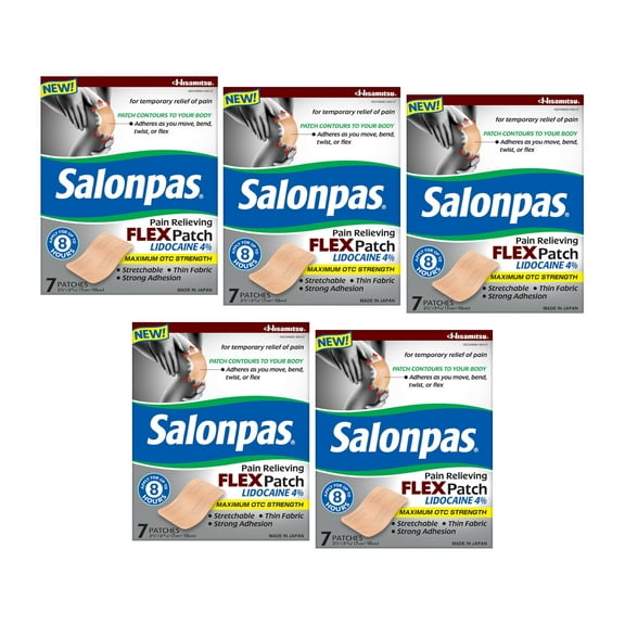 Salonpas Pain Relieving Flex Patch Lidocaine 4%, 7 Count - Pack of 5