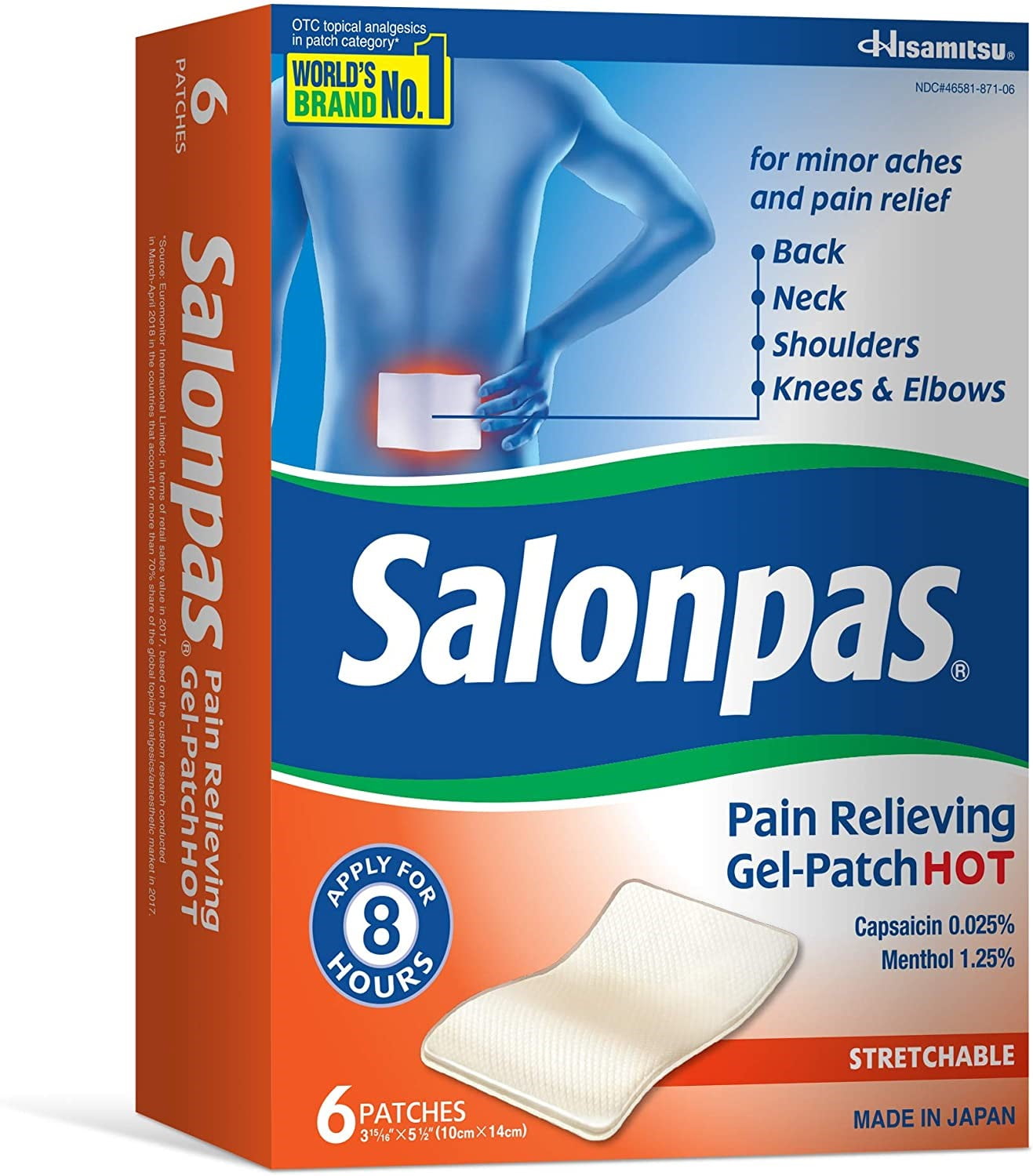 Salonpas Pain Relieving Gel-Patch-Hot Patches 6 Each (Pack of 3)