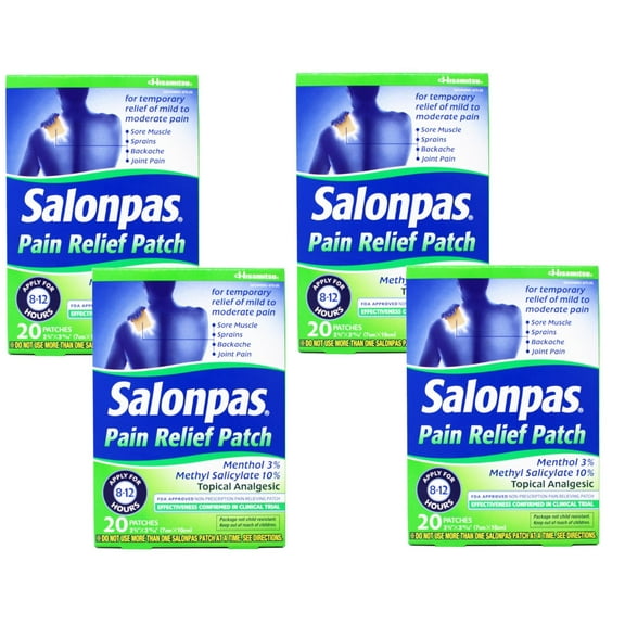 Salonpas Pain Relieving Menthol and Methyl Salicylate Patch, 20 Count, for Back, Neck, Shoulder, Knee Pain and Muscle Soreness, 12 Hour Pain Relief - 4 Pack