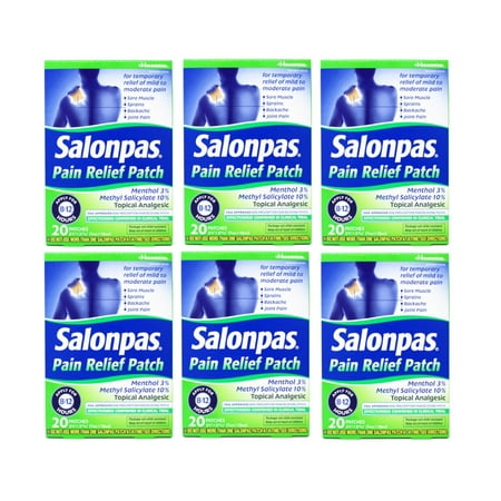 Salonpas Pain Relieving Menthol and Methyl Salicylate Patch, 20 Count, for Back, Neck, Shoulder, Knee Pain and Muscle Soreness, 12 Hour Pain Relief - 6 Pack