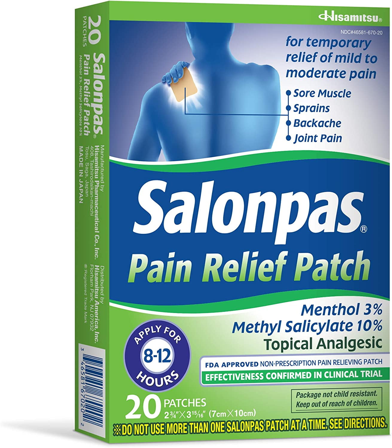Salonpas Pain Relieving Menthol and Methyl Salicylate Patch, 20 Count, for Back, Neck, Shoulder, Knee Pain and Muscle Soreness, 12 Hour Pain Relief