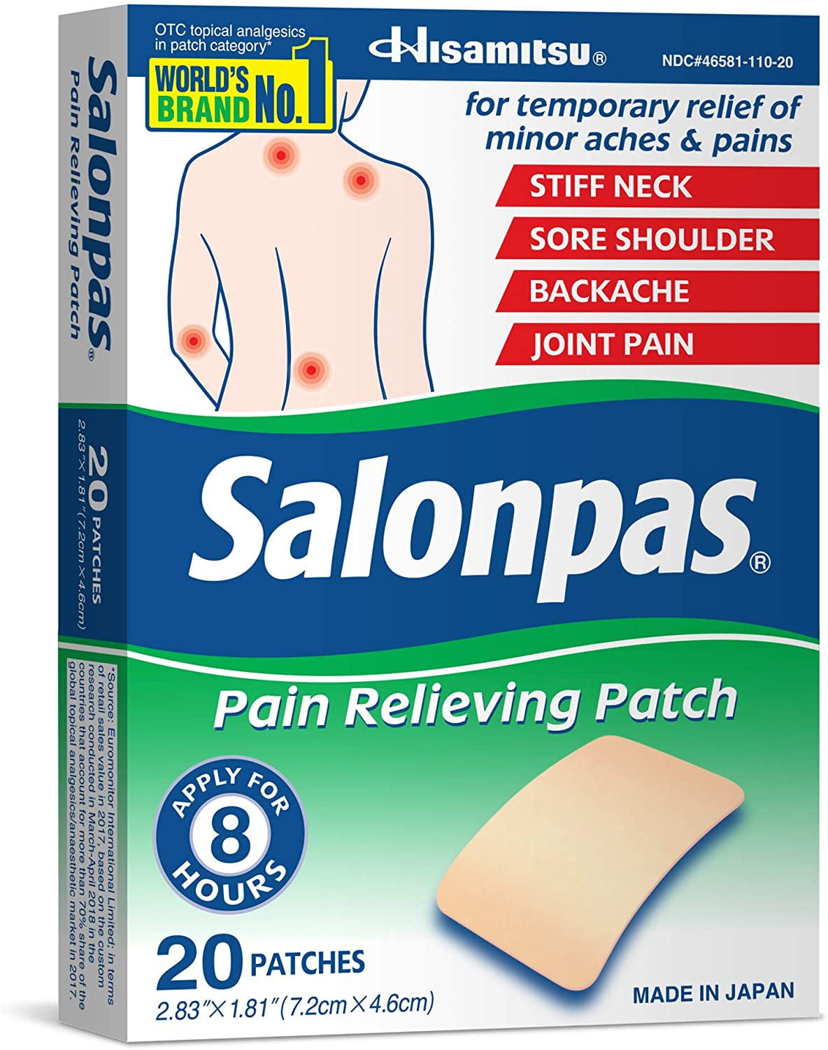 "Salonpas Pain Relieving Patch, Count, for Back, Neck, Shoulder, Knee Pain and Muscle Soreness, Hour Pain Relief"