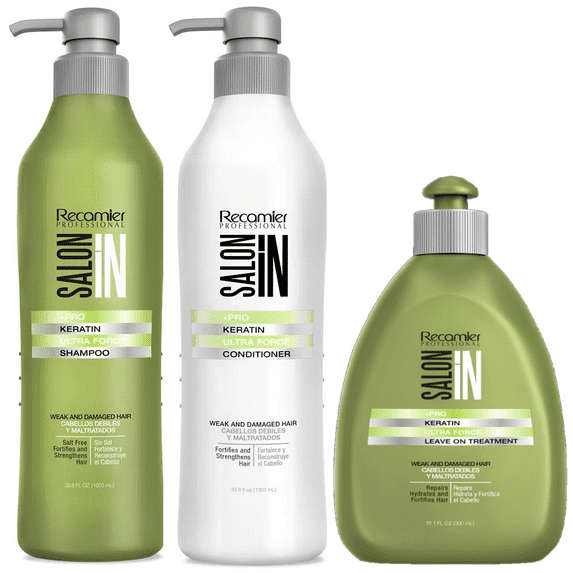 Saloon in Recamier + Pro Keratin Ultra Force Shampoo & Conditioner 33.8 Oz and Leave Conditioner 10.1 Oz Set