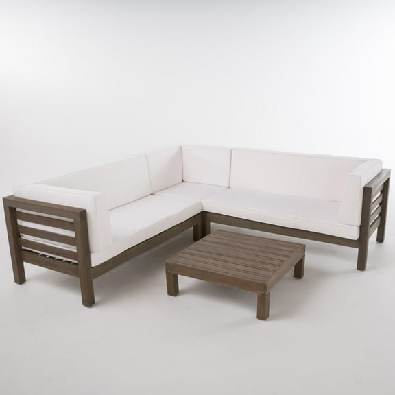Salos 4 Piece Outdoor Wooden Sectional Set, Gray and White