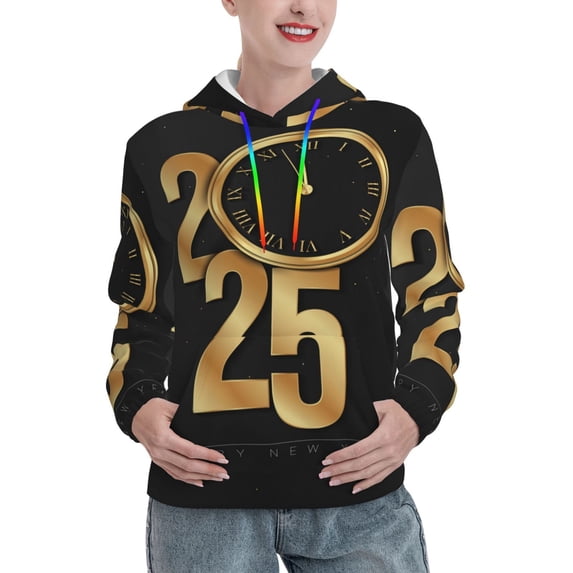 Salouo 2025 Happy New Year Pattern Hoodie Sweatshirts for Women, Autumn Pullover Hoodie Workout Sweat Women's Long Sleeve Preppy Sweatshirts-XX-Large