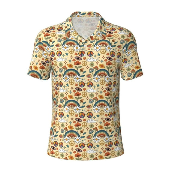 Salouo 70s Hippie Style for Men's Short Sleeve Polo Shirts,Polo Shirts for Men Performance Short Sleeve Golf Shirt Athletic Casual Collared T-Shirt-3X-Large