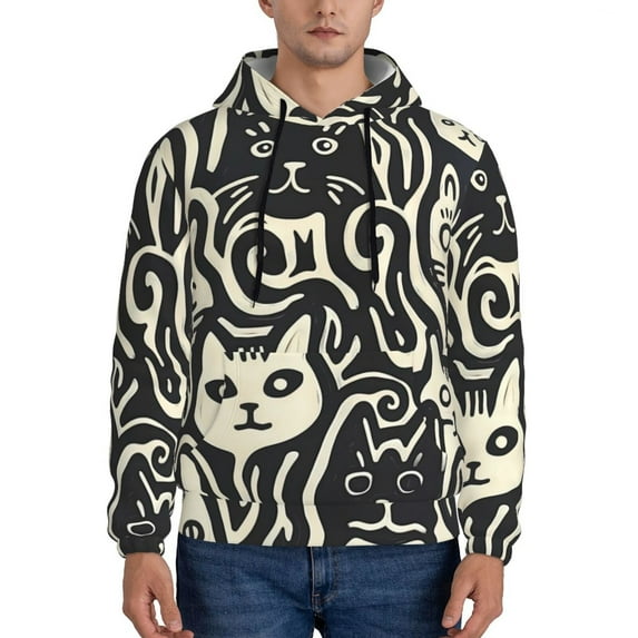 Salouo Abstract Cat Faces Pattern Pattern Men's Fall Hoodie Sweatshirt,Sport Hoodie with Pockets for Men Pullover Casual Hooded Sweatshirt-Small
