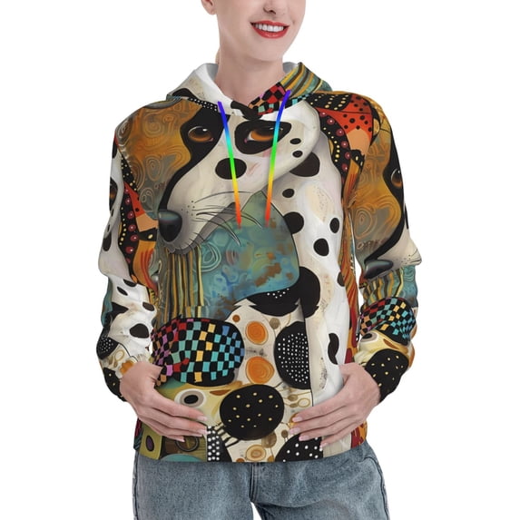 Salouo Abstract Dalmatian Art Pattern Hoodie Sweatshirts for Women, Autumn Pullover Hoodie Workout Sweat Women's Long Sleeve Preppy Sweatshirts-Large