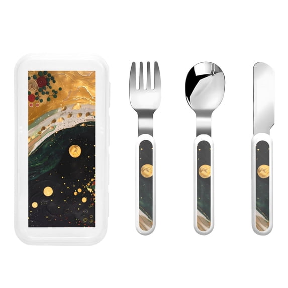Salouo Abstract Gold Floral Galaxy Pattern 3 Pieces Toddler Utensils, Kids Silverware Set Stainless Steel Utensils for Kids Children Safe Spoons Forks & Knife Dishwasher Safe
