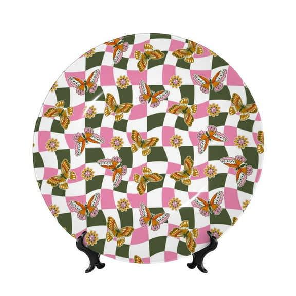 Salouo Abstract Pink Plaid Butterfly Pattern Bone China Decorative Plate,Holiday Decor Decorative Ceramic Plates with Stand Elegant Home DéCor for Hallway/Living Room/Bedroom-6in