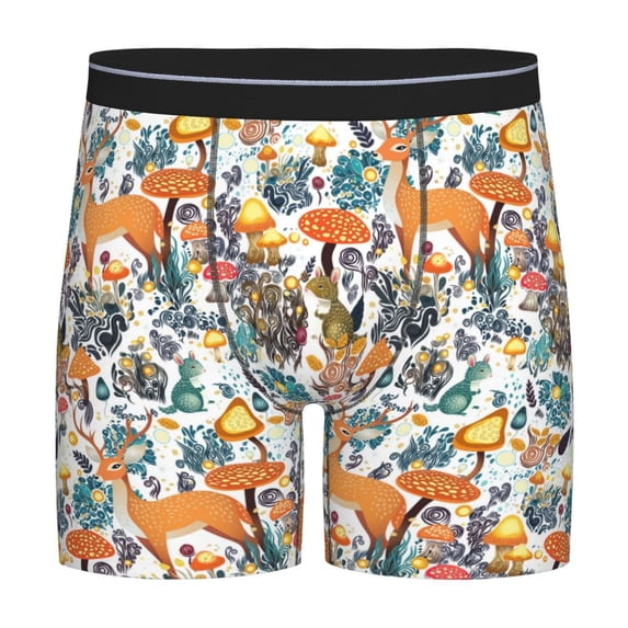 Salouo Abstract Plants Mushroom Deer Pattern Men's Boxer Briefs, Soft & Breathable Underwear Elastic Waistband Briefs for Men,1-Pack