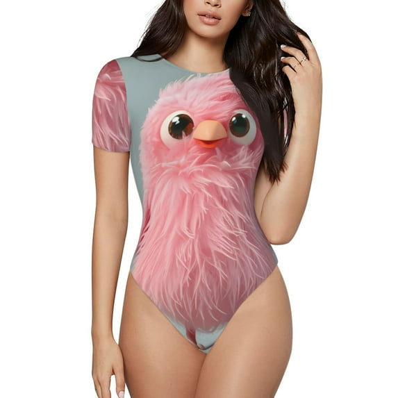 Salouo Adorable Pink Fluffy Birds for Women's Short Sleeve Bodysuit,Sexy Bodysuits One Piece Round Neck Bodysuit Shapewear Tummy Control-Large