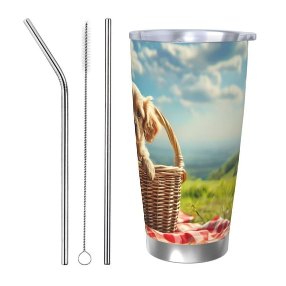 Salouo Adorable Puppy Basket Print 20oz Tumbler with Lid,Stainless Steel Vacuum Insulated Tumbler Durable Insulated Coffee Mug Thermal Cup with Splash Proof Sliding Lid-Straw Three-piece Set