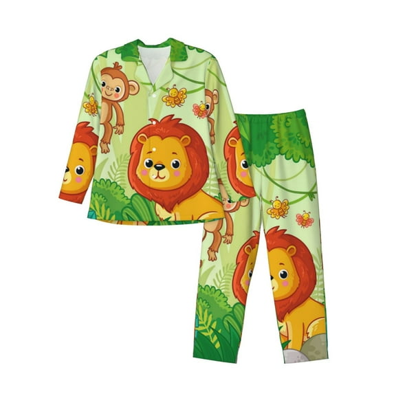 Salouo African Animals in the Jungle Print Button-Front Long Sleeve Pajama Set for Men, Soft 2Pjs Men's Long Sleeve Sleepwear-Medium
