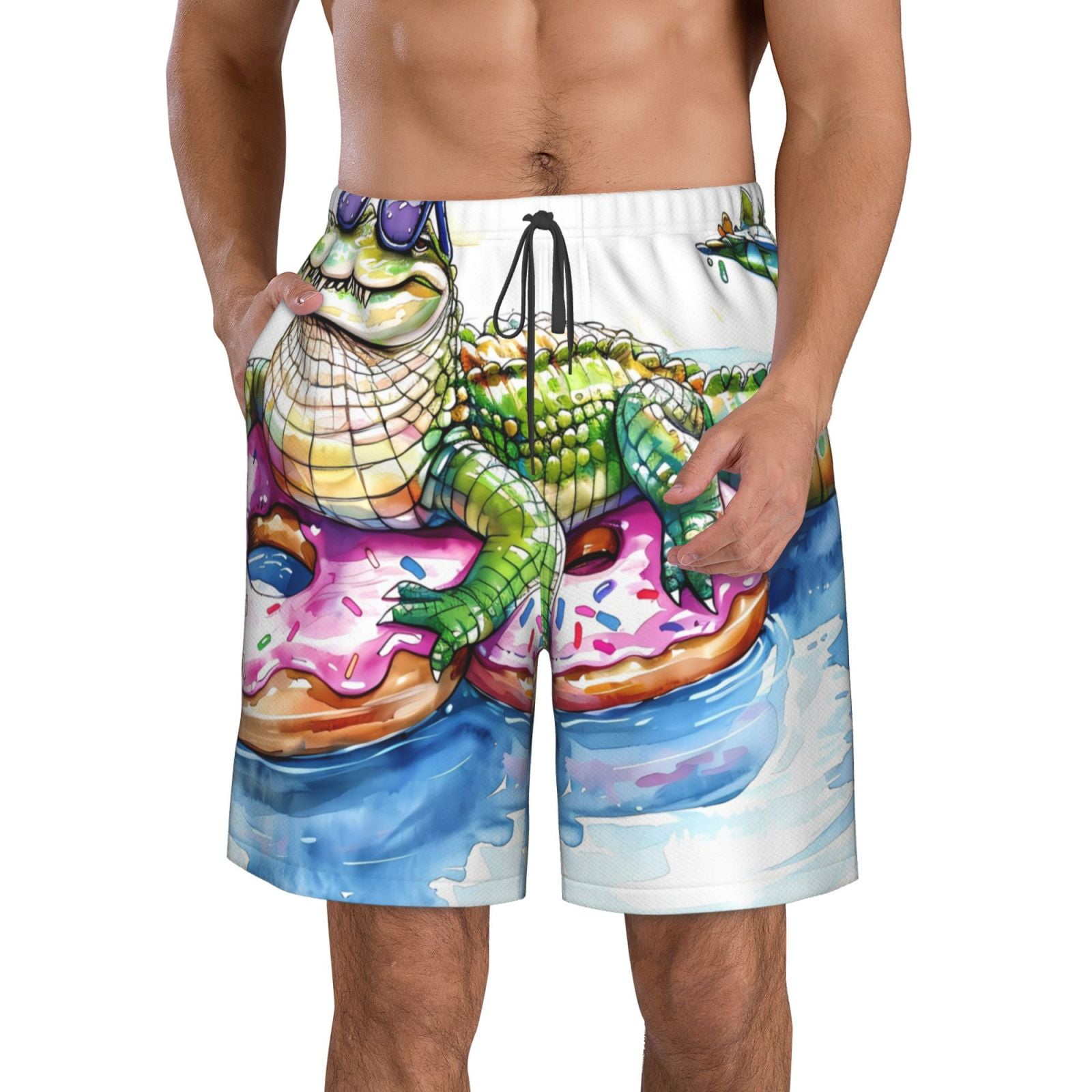 Salouo Alligator Donut Pool Float Pattern Swim Trunks for Men,Men's