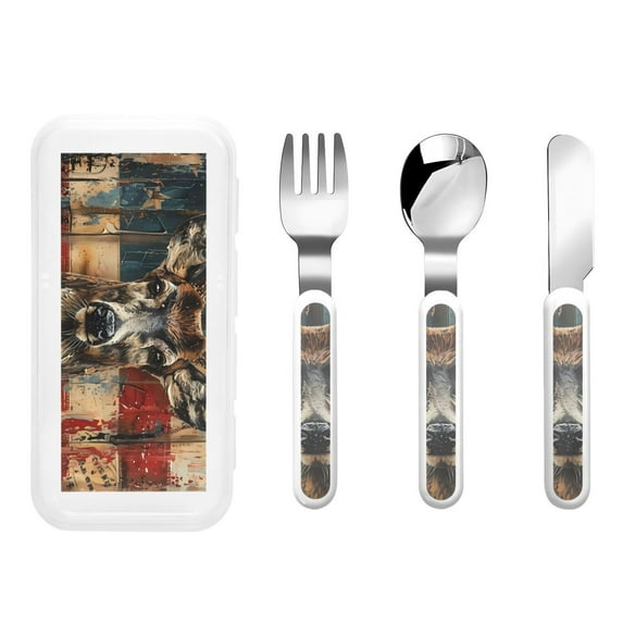 Salouo American Flag Deer Art Pattern 3 Pieces Toddler Utensils, Kids Silverware Set Stainless Steel Utensils for Kids Children Safe Spoons Forks & Knife Dishwasher Safe