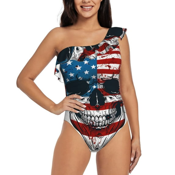 Salouo American Flag Skull Pattern One Shoulder Ruffled One Piece Swimsuit for Women V Neck Swimwear Tummy Control Bathing Suit-X-Large
