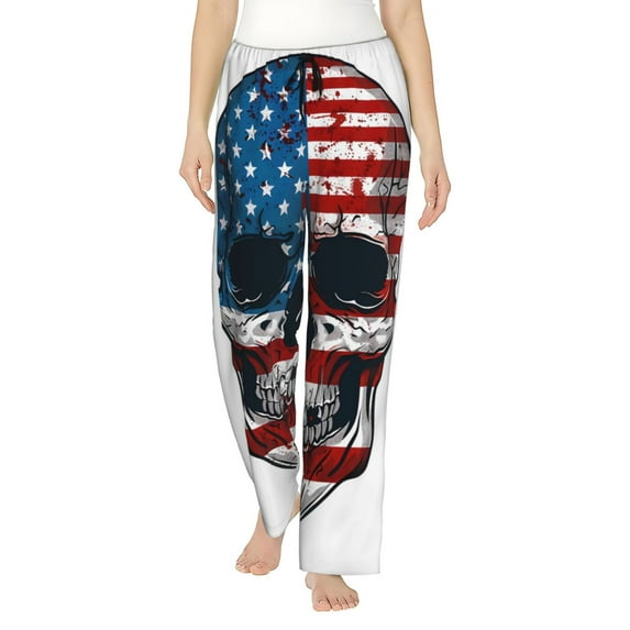Salouo American Flag Skull Print Women's Pajama Pants Casual Loose Sweatpants PJs Flowy Pants Drawstring Palazzo for Women Wide Leg Pants Lounge Pajama -X-Large