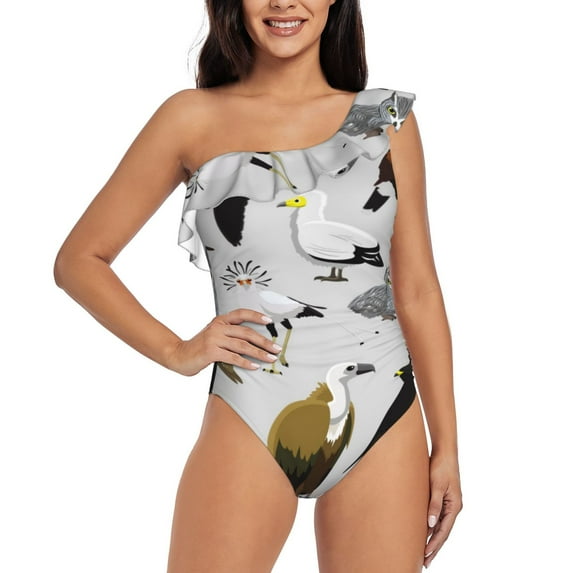 Salouo Animal Bird Pattern One Shoulder Ruffled One Piece Swimsuit for Women V Neck Swimwear Tummy Control Bathing Suit-Large