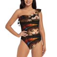thumbnail image 1 of Salouo Animal Cat Pattern One Shoulder Ruffled One Piece Swimsuit for Women V Neck Swimwear Tummy Control Bathing Suit-X-Large, 1 of 6