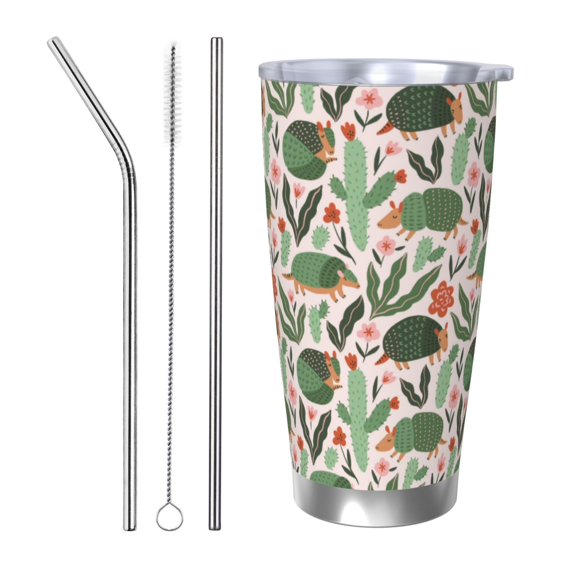 Salouo Armadillo Print 20oz Tumbler with Lid,Stainless Steel Vacuum Insulated Tumbler Durable Insulated Coffee Mug Thermal Cup with Splash Proof Sliding Lid-Straw Three-piece Set