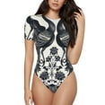 thumbnail image 1 of Salouo Artistic Black White Peacocks for Women's Short Sleeve Bodysuit,Sexy Bodysuits One Piece Round Neck Bodysuit Shapewear Tummy Control-XX-Large, 1 of 7