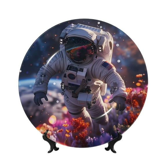 Salouo Astronaut In Cosmic Garden Pattern Bone China Decorative Plate,Holiday Decor Decorative Ceramic Plates with Stand Elegant Home DéCor for Hallway/Living Room/Bedroom-6in