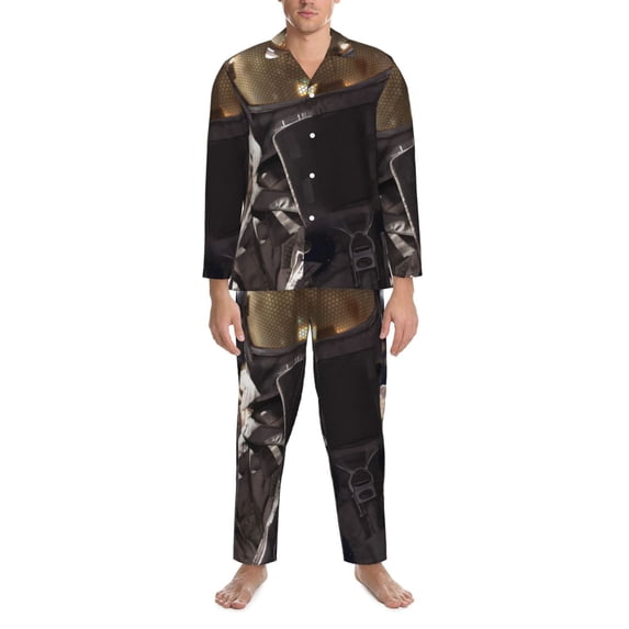 Salouo Astronaut Print Button-Front Long Sleeve Pajama Set for Men, Soft 2Pjs Men's Long Sleeve Sleepwear -XX-Large