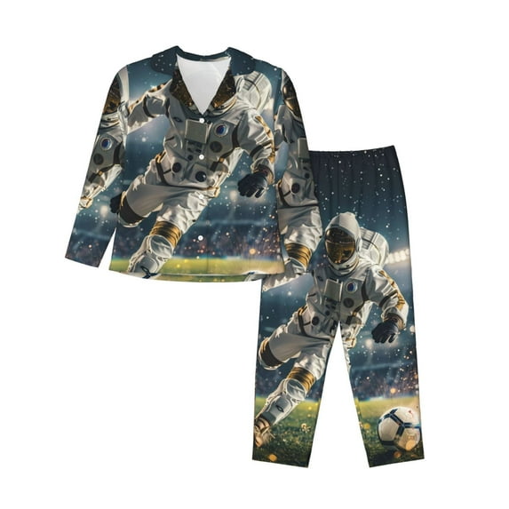Salouo Astronaut Soccer Field Pattern Women's Pajamas Set Long Sleeve Button Down Sleepwear Soft Pj Lounge Sets for women 2 Piece Pjs Set with Long Pants-X-Large