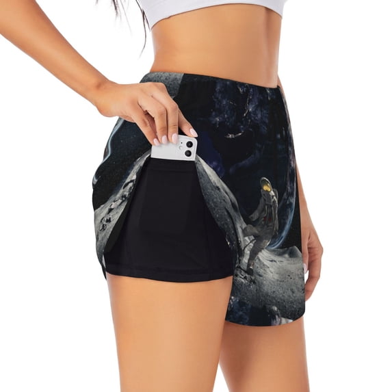 Salouo Astronaut Standing In The Moon Print Women's 2 in 1 Running Shorts Double-Layer Shorts Athletic Workout Gym Yoga Shorts Running Shorts for Women-Large