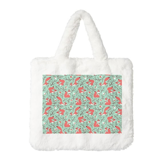 Salouo Autumn Branches Fox and Mushrooms for Plush Underarm Bag,Soft Tote Bag Ladies Fluffy Shoulder Bag Women Furry Tote Bag Plush Handbag for Autumn and Winter