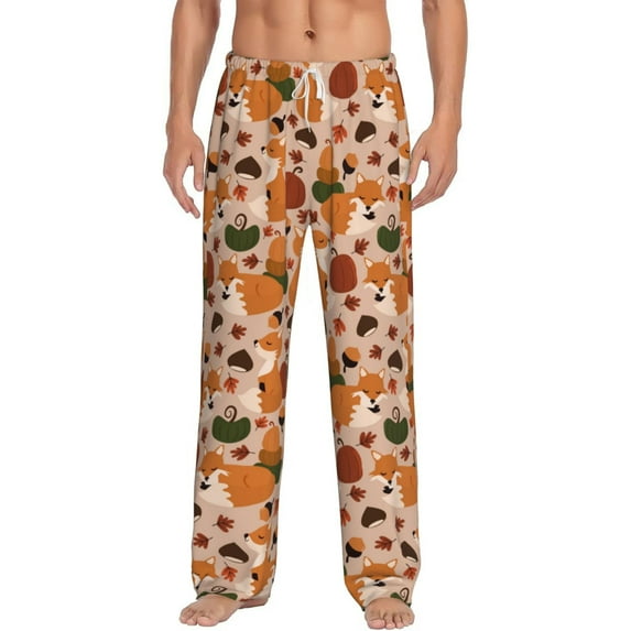 Salouo Autumn Fox Pumpkin Lazy Print Pajama Pants for Men, Lounge Pants Elastic Waistband Casual Men's sleepwear Loungewear Sleep Pajama Pant -XX-Large