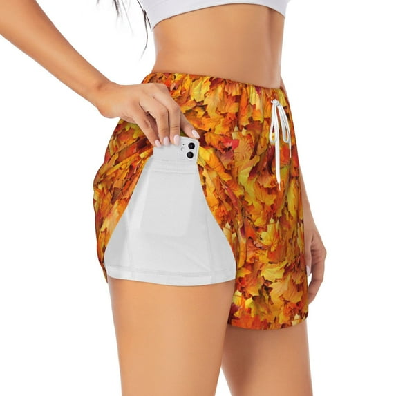 Salouo Autumn Maple Leaf Pile Print Women's 2 in 1 Running Shorts Double-Layer Shorts Athletic Workout Gym Yoga Shorts Running Shorts for Women-Small