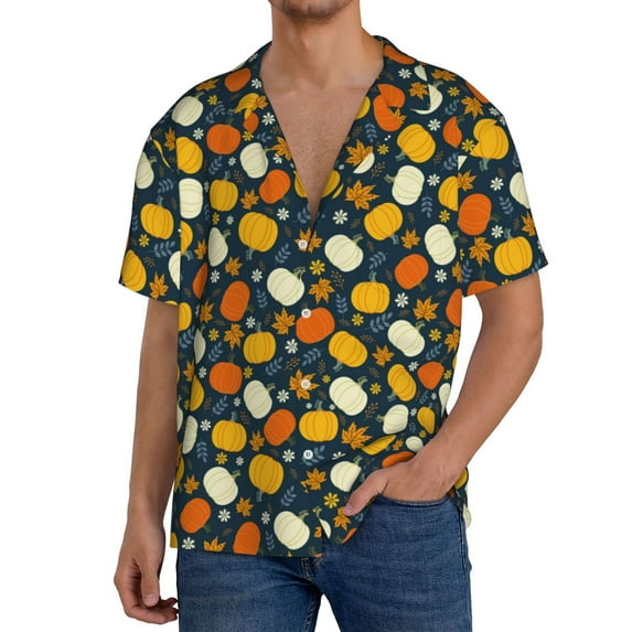 Salouo Autumn Pumpkin Maple Leaf Plants Pattern Cuban Collar Shirts for Men Button-Down Shirt Men's Short Sleeve Shirts Hawaiian Shirts Casual Shirts -4X-Large