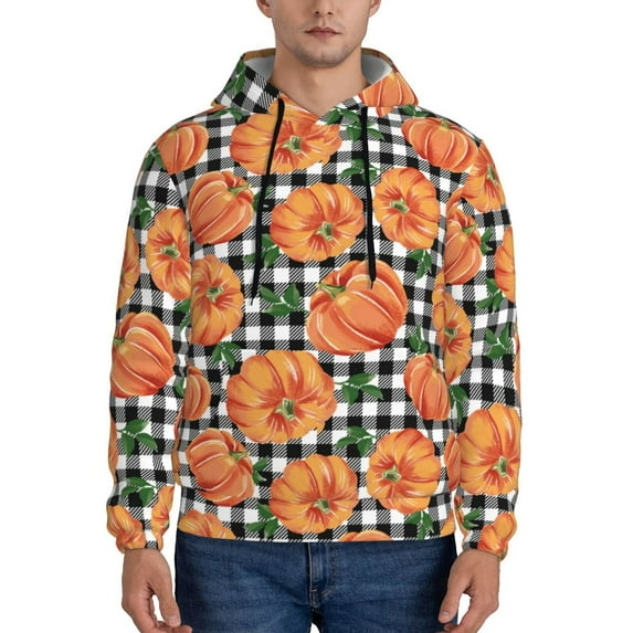 Salouo Autumn Pumpkins Gingham Pattern Men's Fall Hoodie Sweatshirt,Sport Hoodie with Pockets for Men Pullover Casual Hooded Sweatshirt-XX-Large