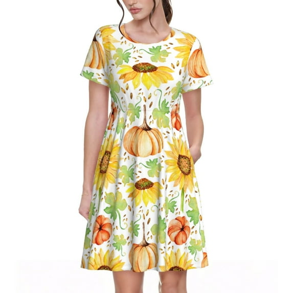 Salouo Autumn Theme for Women's Short Sleeve Summer Dress, Pleated Loose Swing Knee Length Dresses with Pockets