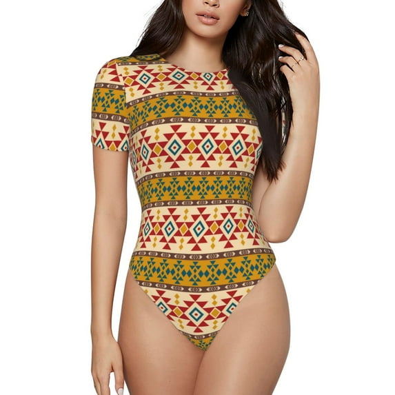Salouo Aztec for Women's Short Sleeve Bodysuit,Sexy Bodysuits One Piece Round Neck Bodysuit Shapewear Tummy Control-Small