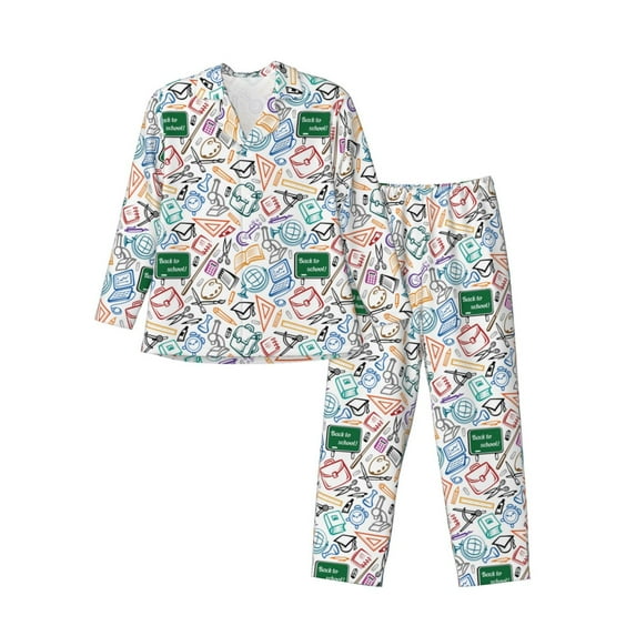 Salouo Back To School Print Button-Front Long Sleeve Pajama Set for Men, Soft 2Pjs Men's Long Sleeve Sleepwear-Medium