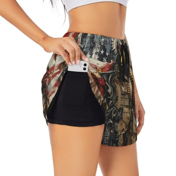 Salouo Bald Eagle Soldier Print Women's 2 in 1 Running Shorts Double-Layer Shorts Athletic Workout Gym Yoga Shorts Running Shorts for Women-XX-Large
