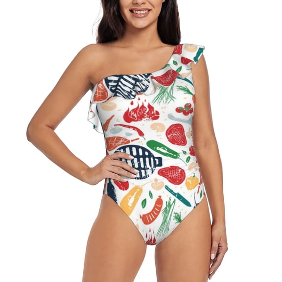 Salouo Barbecue Pattern One Shoulder Ruffled One Piece Swimsuit for Women V Neck Swimwear Tummy Control Bathing Suit-X-Large