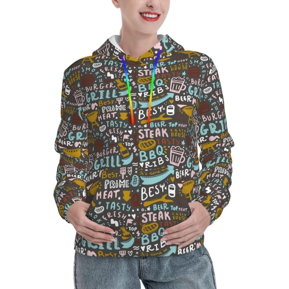Salouo Barbeque Pattern Hoodie Sweatshirts for Women, Autumn Pullover Hoodie Workout Sweat Women's Long Sleeve Preppy Sweatshirts-X-Large