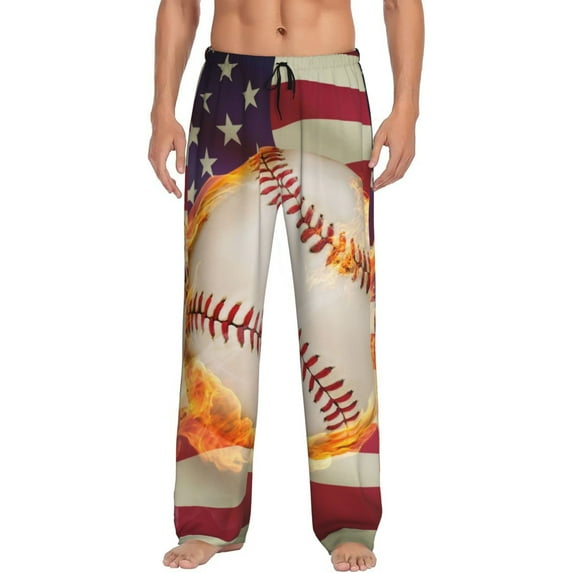 Salouo Baseball Ball With Flag Print Pajama Pants for Men, Lounge Pants Elastic Waistband Casual Men's sleepwear Loungewear Sleep Pajama Pant -Small