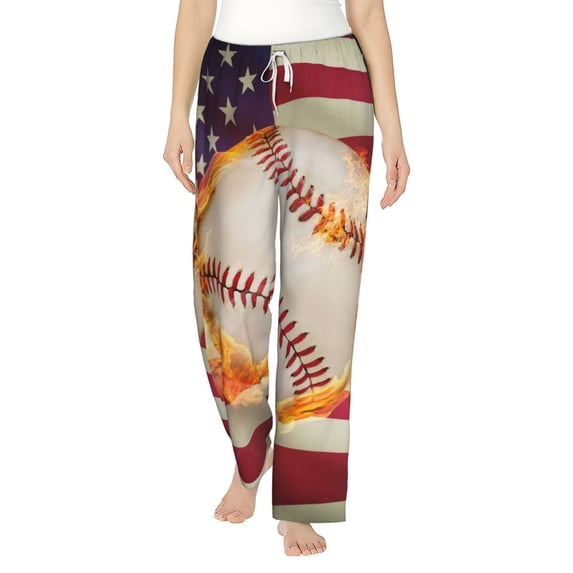 Salouo Baseball Ball With Flag Print Women's Pajama Pants Casual Loose Sweatpants PJs Flowy Pants Drawstring Palazzo for Women Wide Leg Pants Lounge Pajama -Medium
