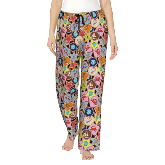 Salouo Beach Life Print Women's Pajama Pants Casual Loose Sweatpants PJs Flowy Pants Drawstring Palazzo for Women Wide Leg Pants Lounge Pajama -Large
