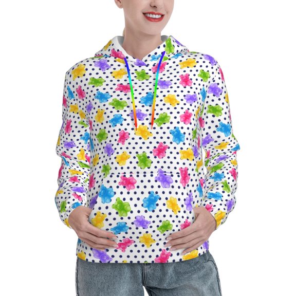 Salouo Bear And Polka Dot Pattern Hoodie Sweatshirts for Women, Autumn Pullover Hoodie Workout Sweat Women's Long Sleeve Preppy Sweatshirts-Small