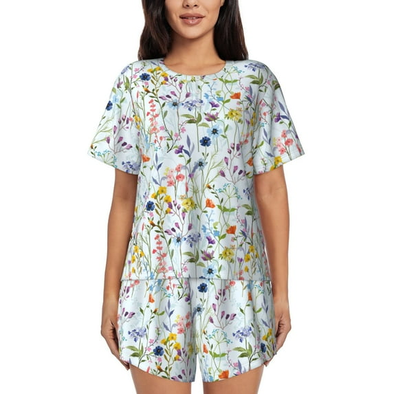 Salouo Beautiful wild flower forest Pattern Short-Sleeved Pajama Set for Women,Round Neck Pajamas Short Sleeve Sleepwear Set Summer Pajamas Set Lounge Sets 2-Piece Pj-4X-Large